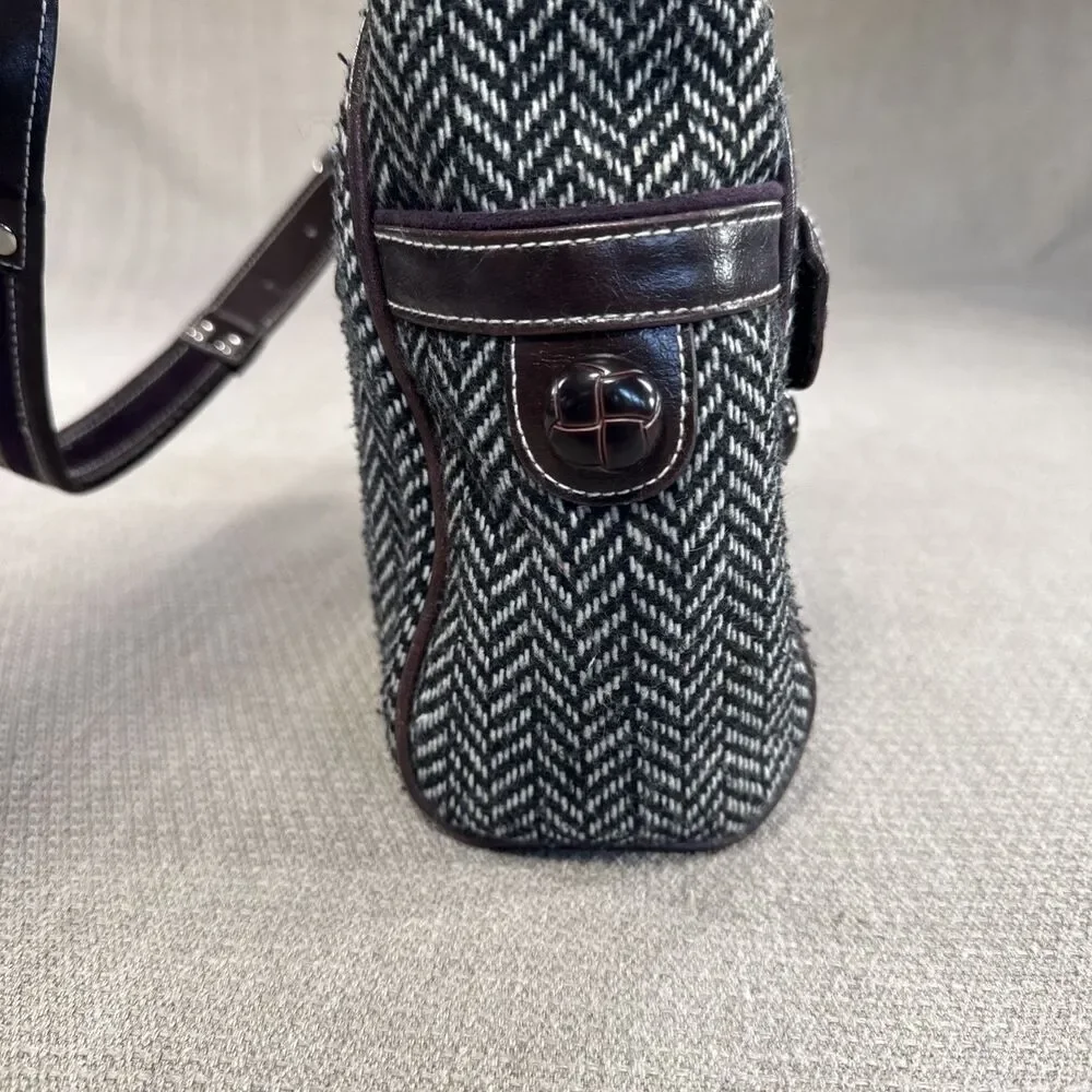 Vtg 90s Apt 9 Herringbone Shoulder Bag with Leather Trim Pockets Purse Handbag